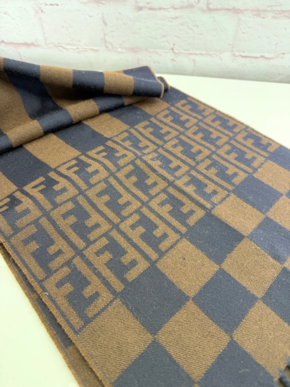 Fendi Brown and Navy Checker Scarf with FF Logo Fringe